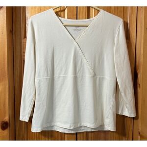 J.Jill Wearever Faux Wrap Top Women's M Cream V-Neck 3/4 Sleeve Stretch Blouse